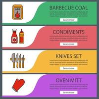 Barbecue web banner templates set. Website color menu items. BBQ. Coal, ketchup and mustard, knives set, oven mitt. Vector headers design concepts