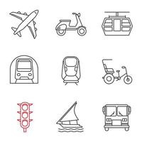 Public transport linear icons set. Thin line contour symbols. Airplane, scooter, funicular, metro, transrapid, cycle rickshaw, traffic lights, sailing boat, bus. Isolated vector outline illustrations