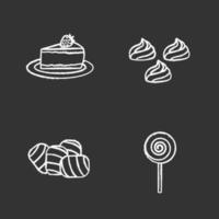 Condectionery chalk icons set. Coffee house menu. Cheesecake, meringues, marshmallow, spiral lollipop. Isolated vector chalkboard illustrations