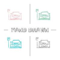 Parking zone hand drawn icons set. Car with P road sign. Color brush stroke. Isolated vector sketchy illustrations