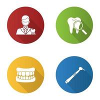 Conjunto de iconos de glifo de larga sombra de diseño plano de odontología. estomatología. dentista, chequeo de dientes, dentadura postiza, taladro dental. ilustración de silueta de vector
