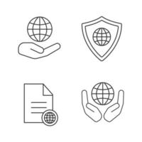 Conjunto de iconos de conexión segura a Internet. símbolos de contorno de línea fina. manos sosteniendo globo, tierra dentro del escudo, documento web. ilustraciones de contorno de vector aislado. trazo editable