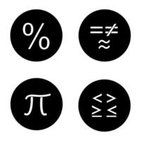 Mathematics glyph icons set. Pi, percent, equality and inequalities signs. Vector white silhouettes illustrations in black circles