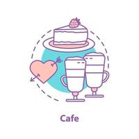 Cafe concept icon. First date idea thin line illustration. Coffee house. Latte macchiato and cheesecake. Vector isolated outline drawing