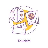 Tourism concept icon. Travel planning idea thin line illustration. International passport, tickets, flight destination. Vector isolated outline drawing