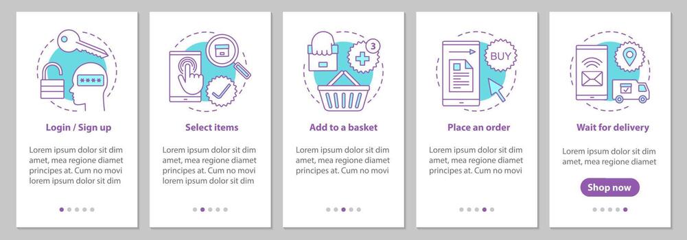 Online shopping onboarding mobile app page screen with linear concepts. Digital path to purchase steps graphic instructions. UX, UI, GUI vector template with illustrations