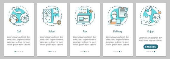 Pantalla de la página de la aplicación móvil de incorporación de compras en línea con conceptos lineales. instrucciones gráficas de pasos de compra digital. ux, ui, plantilla de vector de interfaz gráfica de usuario con ilustraciones