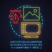 Designing process neon light concept icon. Digital drawing idea. Project realization. Glowing sign with alphabet, numbers and symbols. Vector isolated illustration