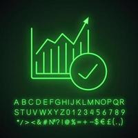 Market growth chart neon light icon. Statistics diagram with tick mark. Glowing sign with alphabet, numbers and symbols. Vector isolated illustration