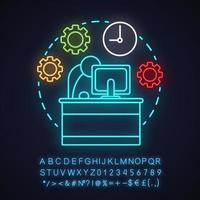 Time management neon light concept icon. Working hours idea. Office worker. Glowing sign with alphabet, numbers and symbols. Vector isolated illustration