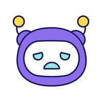 Sad robot emoji color icon. Upset chatbot smiley. Chat bot emoticon. Artificial conversational entity. Virtual assistant. Artificial intelligence. Isolated vector illustration