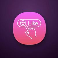 Like button click app icon. UI UX user interface. Positive comment. Hand pressing button. Web or mobile applications. Vector isolated illustration