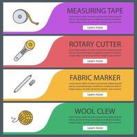 Tailoring web banner templates set. Measuring tape, rotary cutter, fabric marker pen, wool clew. Website color menu items. Vector headers design concepts