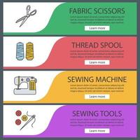 Tailoring web banner templates set. Fabric scissors, thread spool, sewing machine, needle and buttons. Website color menu items. Vector headers design concepts