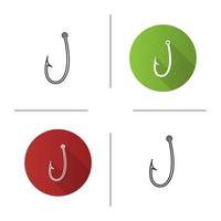 Hook icons set. Flat design, linear, black and color styles. Fishhook. Angling equipment. Isolated vector illustrations