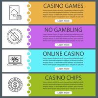 Conjunto de plantillas de banner web de casino. juego de cartas, prohibición de juegos de azar, póquer en línea, ficha de casino. elementos del menú de color del sitio web con iconos lineales. conceptos de diseño de encabezados vectoriales vector