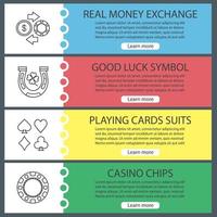 Casino web banner templates set. Real money exchange, good luck symbol, playing cards suits, casino chip. Website color menu items with linear icons. Vector headers design concepts