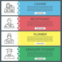 Professions web banner templates set. Cashier, receptionist, plumber, graduate student. Website color menu items with linear icons. Vector headers design concepts