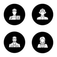 Professions glyph icons set. Occupations. Firefighter, loader man, secretary, office worker, driver. Vector white silhouettes illustrations in black circles