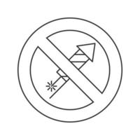 Forbidden sign with firework rocket linear icon. Thin line illustration. No pyrotechnics prohibition. Stop contour symbol. Vector isolated outline drawing