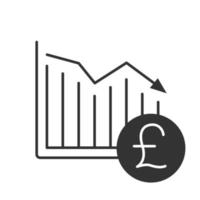 British pound falling glyph icon. Financial collapse. Silhouette symbol. Statistics diagram with gbp sign. Negative space. Vector isolated illustration