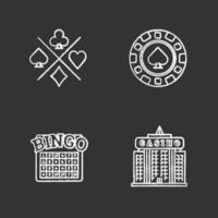 Casino chalk icons set. Playing cards suits, bingo game, casino chip and building. Isolated vector chalkboard illustrations