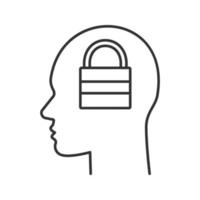 Human head with closed padlock inside linear icon. Cyber security. Password. Thin line illustration. Artificial intelligence. Contour symbol. Vector isolated outline drawing