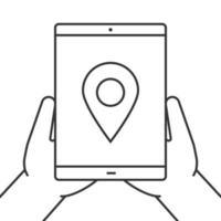 Hands holding tablet computer linear icon. Gps navigation. Thin line illustration. Tablet computer with map pinpoint. Contour symbol. Vector isolated outline drawing