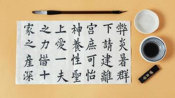 top view composition chinese symbols written with ink