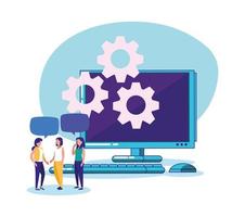 Digital computer gears and women vector design