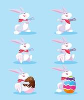 set of bunnies with easter eggs, happy easter vector