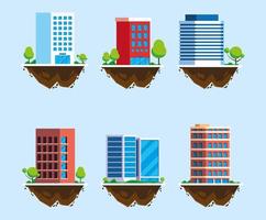 set of icons of buildings over terrain, urban landscape vector