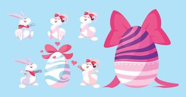 set of bunnies with easter eggs, happy easter vector