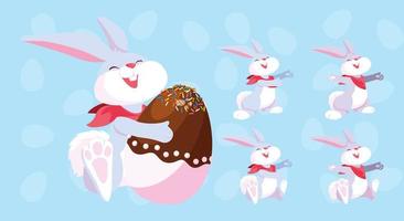 set of bunnies with easter eggs, happy easter vector