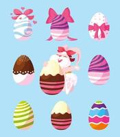 conjunto de conejitos con huevos de pascua, felices pascuas vector