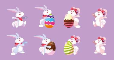 conjunto de conejitos con huevos de pascua, felices pascuas vector