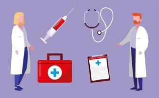 set of doctors with first aid kit vector