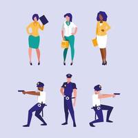 Set of businesswomen and policemen workers vector design