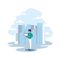 Man with laptop in the city vector design