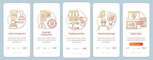 Ethical issues onboarding mobile app page screen vector template. Copyright infringement, employee raiding. Walkthrough website steps with linear illustrations. UX, UI smartphone interface concept