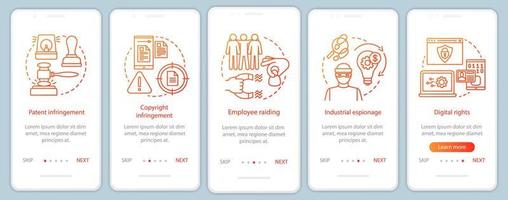 Ethical issues onboarding mobile app page screen vector template. Copyright infringement, employee raiding. Walkthrough website steps with linear illustrations. UX, UI smartphone interface concept