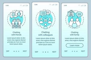 Chatting people onboarding mobile app page screen with linear concepts. Chat with friends, colleagues, family. Walkthrough steps graphic instructions. UX, UI, GUI vector template with illustrations