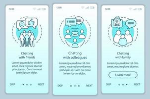 Chatting people onboarding mobile app page screen with linear concepts. Chat with friends, colleagues, family. Walkthrough steps graphic instructions. UX, UI, GUI vector template with illustrations