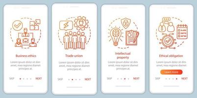 Business ethics onboarding mobile app page screen vector template. Trade union, intellectual property. Walkthrough website steps with linear illustrations. UX, UI, GUI smartphone interface concept