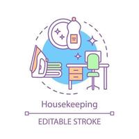 Housekeeping concept icon. House service idea thin line illustration. Ironing. Mirrors wiping. Home and computer storage systems maintenance. Vector isolated outline drawing. Editable stroke