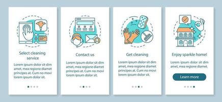 Cleaning service booking onboarding mobile app page screen, linear concepts. Cleanup company. Sparkle home. Four walkthrough steps graphic instructions. UX, UI, GUI vector template with illustrations