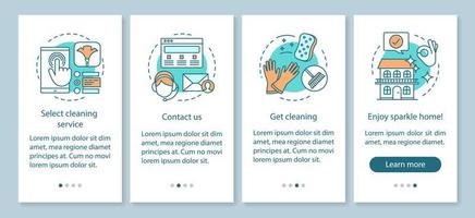 Cleaning service booking onboarding mobile app page screen, linear concepts. Cleanup company. Sparkle home. Four walkthrough steps graphic instructions. UX, UI, GUI vector template with illustrations