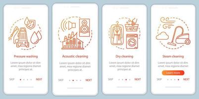 Cleaning methods onboarding mobile app page screen, linear concepts. Acoustic cleanup. Four walkthrough steps graphic instructions. Pressure washing. UX, UI, GUI vector template with illustrations