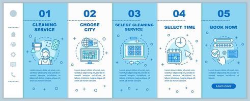 Cleaning service booking onboarding mobile web pages vector template. Online form filling. Responsive smartphone website interface idea, illustration. Webpage walkthrough step screen. Color concept