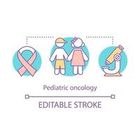 Pediatric oncology concept icon. Nursing care. Children cancer. Awareness ribbon, microscope. Child oncology disease idea thin line illustration. Vector isolated outline drawing. Editable stroke